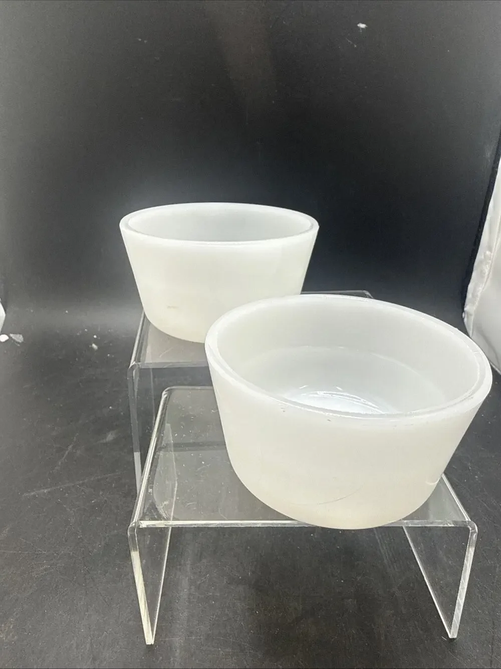 Set of 2 Glasbake No 29 White Milk Glass Custard Cups Baking Dishes USA